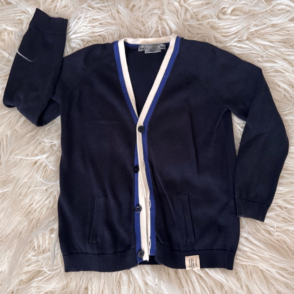 Bonpoint Navy Blue Cardigan with White and Blue Trim